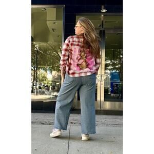 DOJA CAT Upcycled Plaid Flannel Retro Rap Hip Hop Plaid Flannel Pink Red Shirt L